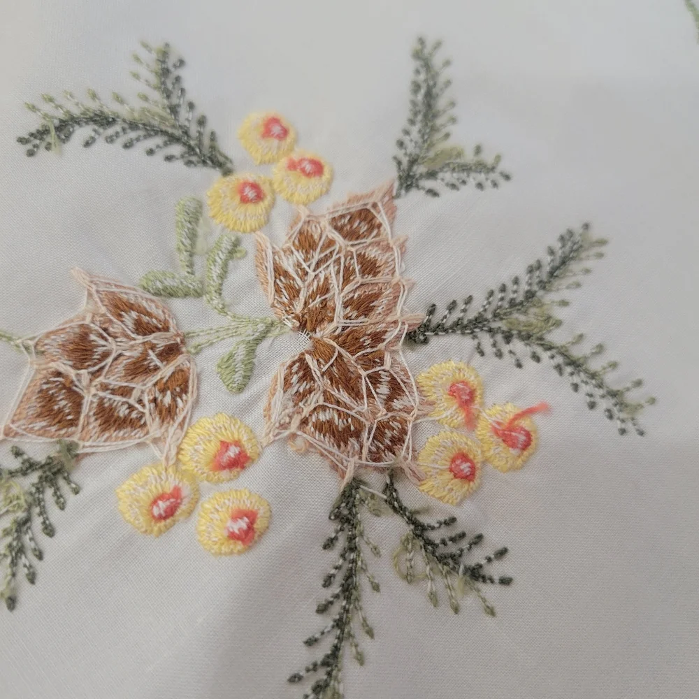 Vintage Table Linen Dresser Scarf ~ Embroidered Foliage~ Pinecones Berries